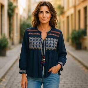 NEW Mira Boutique Womens Open Front Top Jacket Tie Tassels Boho Embroidered M